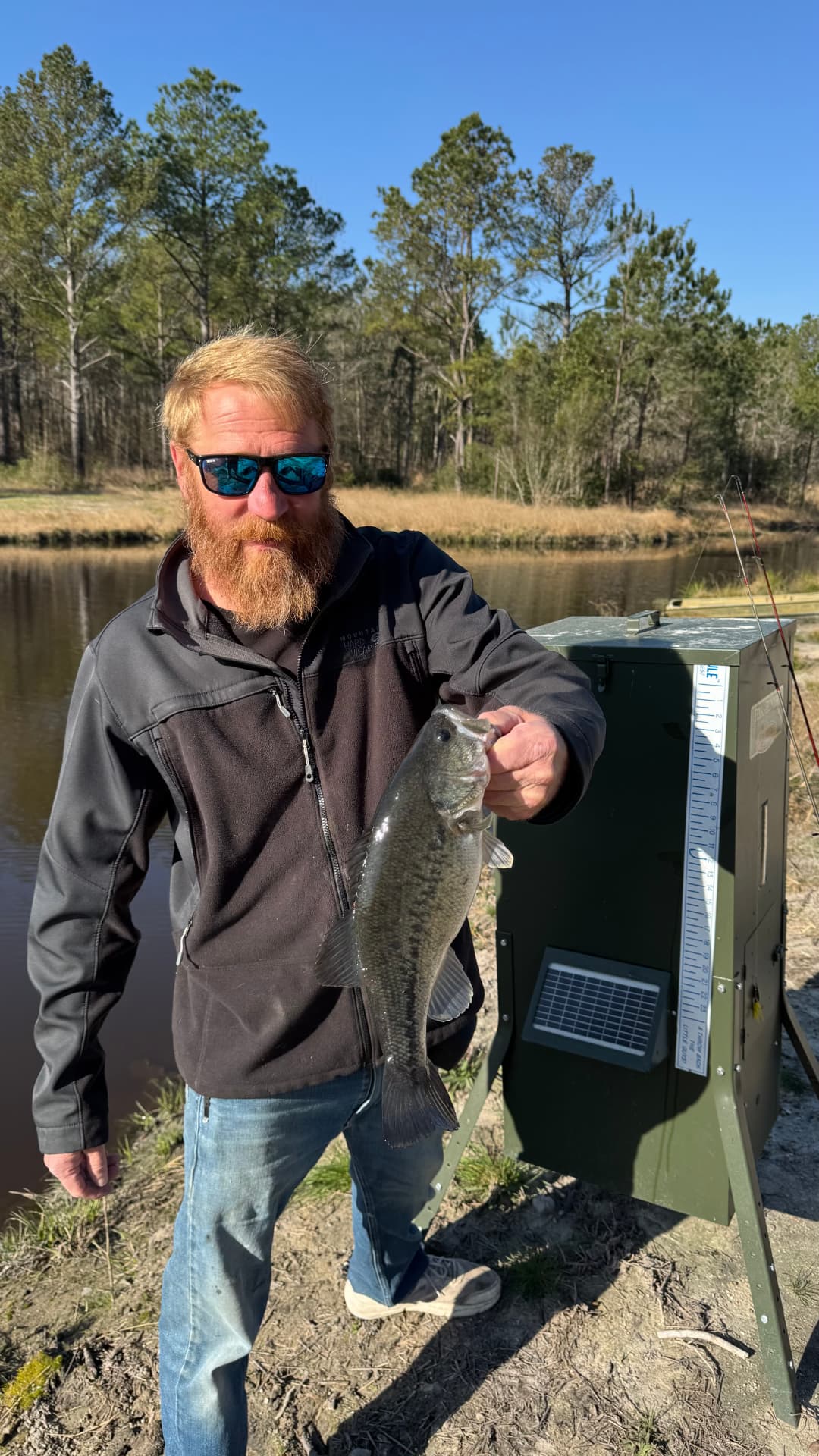Bass measured against the ruler on the fish feeder.