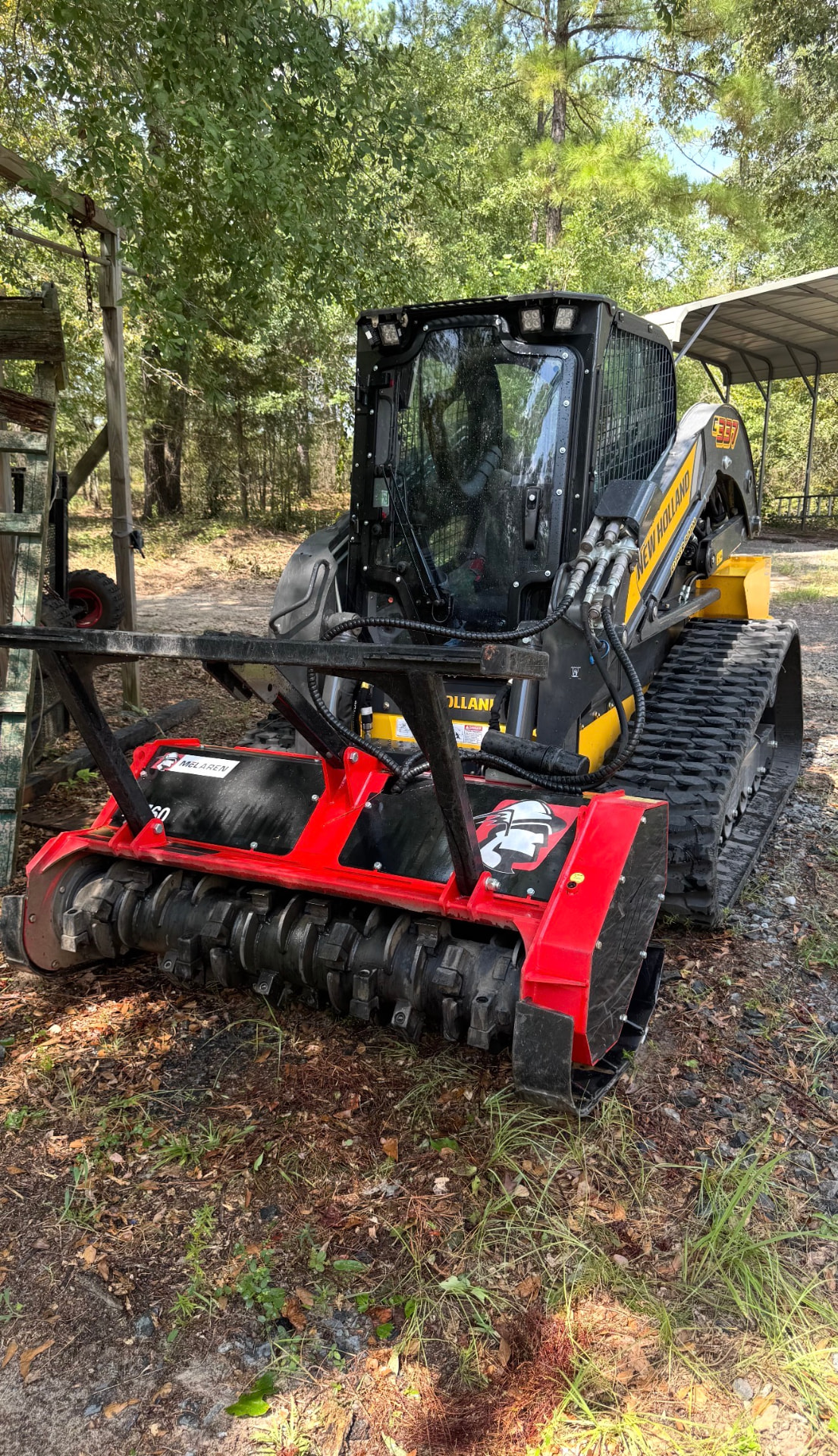 The mulcher head up close — this is how new ground gets opened up.